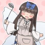  1girl apron baystarsapphire black_hair black_ribbon blue_bow blunt_bangs blush bow brown_hair closed_eyes commentary_request cowboy_shot dot_nose facing_viewer fairy_wings frilled_apron frills grey_apron hair_bow hand_up happy highres holding holding_ladle juliet_sleeves ladle leaning_to_the_side long_hair long_sleeves neck_ribbon nose_blush open_mouth outline pink_background puffy_sleeves ribbon sidelocks simple_background smile solo star_sapphire touhou very_long_hair white_outline wide_sleeves wings 