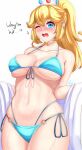  1girl ;o anisdrawn bikini blonde_hair blue_bikini blue_eyes blush breasts collarbone crown english_text high_ponytail highres jewelry large_breasts long_hair mario_(series) navel necklace one_eye_closed open_mouth princess_peach simple_background solo stomach super_mario_bros._wonder sweat swimsuit white_background 