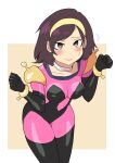  1girl bad_link black_bodysuit black_gloves blush bodysuit breasts brown_eyes brown_hair bullbuster cosplay covered_navel drawfag flying_sweatdrops g_gundam gloves gundam hairband headband highres mobile_trace_suit pink_bodysuit pout rain_mikamura rain_mikamura_(cosplay) shirogane_miyuki_(bullbuster) simple_background small_breasts standing sweatdrop yellow_hairband yellow_headband 