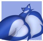 anthro anus balls big_butt blue_body butt canid canine eriklechugaa fox genitals girly male mammal presenting smile smiling_at_viewer solo 
