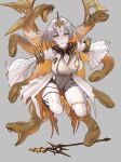  1girl bare_shoulders blonde_hair breasts covered_navel detached_sleeves dragon_gami fire_emblem fire_emblem_heroes floating grey_background grey_hair gullveig_(fire_emblem) highres holding holding_weapon horns large_breasts long_hair looking_at_viewer multicolored_hair pale_skin parted_bangs simple_background single_horn snake snake_hair solo two-tone_hair very_long_hair weapon white_sleeves yellow_eyes yellow_horns 