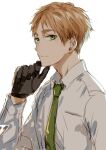  1boy axis_powers_hetalia black_gloves blonde_hair closed_mouth collared_shirt commentary_request gloves green_eyes green_necktie hand_on_own_chin long_sleeves looking_at_viewer male_focus necktie nori20170709 shirt short_hair sideways_glance simple_background solo united_kingdom_(hetalia) upper_body white_background white_shirt 