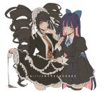  2girls artist_name black_nails black_thighhighs bonnet brown_hair celestia_ludenberg criis-chan cup danganronpa:_trigger_happy_havoc danganronpa_(series) dress drill_hair earrings food frilled_dress frilled_skirt frills gothic_lolita holding holding_cup holding_plate holding_utensil jacket jewelry layered_skirt lolita_fashion long_hair long_sleeves looking_at_viewer multiple_girls nail_polish necktie panty_&amp;_stocking_with_garterbelt plate red_eyes red_necktie shirt simple_background skirt smile spilling stocking_(psg) thighhighs twin_drills twintails utensil_in_mouth white_background zettai_ryouiki 