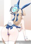  1girl animal_ears ass blue_archive bow breasts commentary_request fake_animal_ears fake_tail gouta_(nagishiro6624) hair_bow halo highres leaning_on_object long_hair looking_at_viewer looking_back playboy_bunny ponytail rabbit_ears rabbit_tail small_breasts solo tail thighhighs toki_(blue_archive) toki_(bunny)_(blue_archive) v wrist_cuffs 