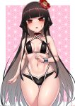  1girl absurdres asa_no_ha_(pattern) bare_shoulders bikini black_bikini black_eyes black_hair blunt_bangs breasts choker eyeliner fate/grand_order fate_(series) flower hair_flower hair_ornament highres komahime_(fate) long_hair looking_at_viewer makeup multiple_girls navel sekai_saisoku_no_panda small_breasts solo swimsuit thighs very_long_hair 