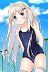  1girl absurdres arms_behind_back blonde_hair blue_eyes blue_one-piece_swimsuit chain-link_fence competition_school_swimsuit cowboy_shot fence highres kud_wafter kudpoid_(71139) little_busters! long_hair looking_at_viewer noumi_kudryavka one-piece_swimsuit school_swimsuit smile solo swimsuit thighhighs white_thighhighs 