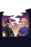  2boys archived_source bad_id bad_twitter_id beard black_hair blonde_hair blue_shirt cigarette commentary_request crossed_arms facial_hair hair_over_eyes hand_on_wall hat highres jacket jigen_daisuke korean_commentary lupin_iii mulmulgogibbq multiple_boys necktie night night_sky one_piece sanji_(one_piece) shirt short_hair sideburns sky smile smoke smoking striped striped_shirt vertical-striped_shirt vertical_stripes 