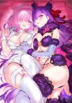  2girls ;p animal_ear_fluff animal_ears bb_(bb_shot!)_(fate) bb_(bb_shot!)_(fate)_(cosplay) bb_(fate) blue_gloves breasts cleavage cosplay costume_switch elbow_gloves fate/grand_order fate_(series) fingernails fur_trim gloves hair_over_one_eye hair_ribbon hat highres kou_mashiro large_breasts looking_at_viewer lying mash_kyrielight mash_kyrielight_(dangerous_beast) mash_kyrielight_(dangerous_beast)_(cosplay) multiple_girls nurse nurse_cap on_back one_eye_closed pink_hair purple_eyes red_ribbon ribbon short_hair thighhighs tongue tongue_out white_thighhighs 