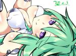  1girl bare_shoulders blue_eyes breasts cleavage gloves green_hair green_heart kurozero large_breasts long_hair neptune_(series) ponytail power_symbol smile solo symbol-shaped_pupils underboob 