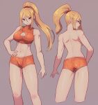  1girl ass backboob bare_legs blonde_hair blue_eyes breasts cleavage cleavage_cutout closed_mouth clothing_cutout cropped_legs grey_background hand_on_own_hip high_ponytail highres lamb-oic029 large_breasts long_hair looking_at_viewer metroid midriff multiple_views navel orange_shorts orange_sports_bra samus_aran short_shorts shorts simple_background sports_bra stomach thighs topless 