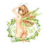  1girl absurdres antenna_hair arm_up ass back blush breasts closed_mouth commentary_request cowboy_shot fairy_wings green_eyes hair_intakes hair_ribbon highres kimi_ga_nozomu_eien looking_back medium_breasts nipples only_haruka partial_commentary ribbon solo suzumiya_haruka wings yellow_ribbon 
