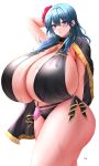  1girl absurdres alternate_breast_size arm_behind_head artist_name ass bikini black_bikini black_capelet blue_hair blush breasts breath byleth_(female)_(fire_emblem) byleth_(female)_(summer)_(fire_emblem) byleth_(fire_emblem) capelet cleavage commission doinaka fire_emblem fire_emblem:_three_houses fire_emblem_heroes flower gigantic_breasts hair_behind_ear hair_flower hair_ornament head_tilt highres jewelry long_hair looking_at_viewer necklace official_alternate_costume parted_lips red_flower simple_background skeb_commission sling_bikini_top solo swimsuit walking wet 