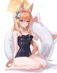  1girl absurdres animal_ear_fluff animal_ears artist_name barefoot black_one-piece_swimsuit blue_archive blue_eyes blush breasts collarbone commentary covered_navel flower fox_ears fox_girl fox_tail full_body hair_between_eyes hair_flower hair_ornament halo highres innertube long_hair looking_at_viewer low_ponytail mari_(blue_archive) mari_(swimsuit)_(blue_archive) medium_breasts official_alternate_costume one-piece_swimsuit orange_hair orange_halo parted_lips paw_print print_swimsuit setakman sidelocks simple_background sitting smile solo strapless strapless_swimsuit swimsuit tail thighs twitter_username very_long_hair wariza white_background white_flower 