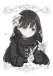  1girl absurdres black_eyes black_hair black_shirt collared_shirt curled_horns earrings flower frilled_shirt_collar frills highres holding holding_flower horns jewelry long_hair long_sleeves original shirt smile solo white_background white_flower white_horns yuge_kemuri 