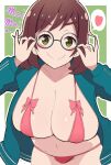  1girl bikini bra breasts brown_hair cleavage glasses green_eyes green_jacket highres hoken0309 holding holding_eyewear jacket large_breasts looking_at_viewer pink_bikini pink_bra simple_background smile solo suit_jacket swimsuit underwear yuzuriha_maimai zombie_land_saga 