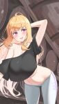  1girl absurdres aki_rosenthal arm_behind_head barrel bent_over black_shirt blonde_hair blue_eyes breasts character_name colored_inner_hair crotch_seam grey_pants hanging_breasts harry_(dudwofla) highres hololive huge_breasts indoors long_hair looking_at_viewer midriff multicolored_hair navel no_bra off-shoulder_shirt off_shoulder oversized_clothes oversized_shirt pants shirt short_sleeves single_bare_shoulder solo underboob very_long_hair virtual_youtuber 