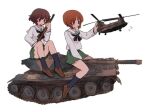  aircraft akiyama_yukari alt_text black_neckerchief black_socks blouse brown_eyes brown_footwear brown_hair ch-47_chinook chinook_(splatoon) closed_mouth commentary flying_sweatdrops girls_und_panzer green_skirt gun helicopter highres holding holding_gun holding_weapon loafers long_sleeves looking_to_the_side messy_hair military_vehicle miniskirt motor_vehicle neckerchief nishizumi_miho on_vehicle ooarai_school_uniform pleated_skirt ri_(qrcode) rifle sailor_collar school_uniform serafuku shirt shoes short_hair sitting skirt smile socks tank vehicle_request weapon white_sailor_collar white_shirt 