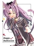  1girl animal_ears bow cat_girl curtained_hair eiyuu_densetsu fake_animal_ears fake_tail hair_bow heart jacket natsusechoco one_eye_closed purple_hair renne_(eiyuu_densetsu) short_sleeves skirt smile solo sora_no_kiseki star_(symbol) tail tongue tongue_out yellow_eyes 