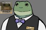  amphibian amphibian_humanoid animal_humanoid anthro clothing dynogreeno formal_clothing formal_wear frog frog_humanoid green_body green_eyes green_skin hi_res humanoid male meme name_tag smile solo topwear vest 