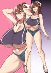  1girl areola_slip arm_behind_head ashigara_(kancolle) ass blush breasts brown_eyes brown_hair cleavage collarbone full_body grin hair_between_eyes huge_breasts jewelry kantai_collection long_hair looking_at_viewer meicha multiple_views open_mouth ponytail ring sandals short_shorts shorts smile tank_top upper_body wedding_ring 