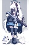  1girl animal animal_ears animalization black_footwear blue_archive blue_skirt boots braid fake_animal_ears full_body fuyu_no_usagi grey_hair grey_halo gun halo highres holding holding_gun holding_weapon long_hair miyako_(blue_archive) miyu_(blue_archive) moe_(blue_archive) neckerchief one_side_up pink_neckerchief pleated_skirt purple_eyes rabbit rabbit_ears rabbit_platoon_(blue_archive) sailor_collar saki_(blue_archive) skirt solo two-tone_skirt weapon white_sailor_collar 