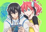  1boy 1girl aiba_ami bironeko black_hair blue_eyes digimon digimon_story:_cyber_sleuth goggles goggles_on_head hand_on_another&#039;s_shoulder hood hoodie long_hair outline red_hair sanada_arata short_sleeves side_ponytail upper_body white_hoodie white_outline 