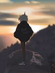  1girl absurdres black_horns black_jacket blue_footwear blurry blurry_background cloud highres hood hooded_jacket horns jacket morning mountain on_rock original outdoors potatomochii short_hair single_horn sky solo sunrise white_hair 