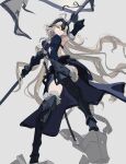  1girl absurdres ahoge armor armpits banner blue_dress bracer bridal_gauntlets chain choker dress fate/grand_order fate_(series) faulds greaves grey_hair high_heels highres holding holding_polearm holding_weapon jeanne_d&#039;arc_alter_(avenger)_(fate) jeanne_d&#039;arc_alter_(avenger)_(third_ascension)_(fate) jeanne_d&#039;arc_alter_(fate) kumatangent light_smile long_hair looking_at_viewer polearm spear sword thighhighs tiara unfinished very_long_hair waist_cape weapon yellow_eyes 