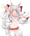  1girl alternate_costume animal_ear_fluff animal_ears asanagi_(azur_lane) azur_lane clothes_pull cowboy_shot fang flag fox_ears fox_girl fox_tail grey_hair gym_shorts gym_uniform highres holding holding_flag long_hair looking_at_viewer mikuchi3939 open_mouth panties red_shorts shirt short_sleeves shorts shorts_pull side-tie_panties simple_background smile solo standing tail thick_eyebrows thighhighs twintails underwear v very_long_hair wet wet_clothes wet_shirt white_background white_panties white_shirt white_thighhighs yellow_eyes 