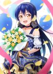  1girl arm_cuffs balloon blue_eyes blue_hair blue_ribbon blurry blurry_foreground blush bouquet commentary cowboy_shot dress flower gold_trim hair_between_eyes hair_flower hair_ornament hair_ribbon hairband haruharo_(haruharo_7315) highres holding holding_bouquet layered_dress long_hair looking_at_viewer love_live! love_live!_school_idol_project open_mouth orange_hair pink_ribbon pleated_skirt ribbon simple_background skirt smile solo sonoda_umi teeth upper_teeth_only white_background white_flower 