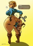  big_breasts big_butt blonde_hair bottomless breasts butt clothed clothing english_text female hair hi_res holding_breast huge_butt humanoid hylian larger_female link nintendo not_furry princess_zelda size_difference stinkface tail-blazer text the_legend_of_zelda thick_thighs url 