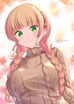  1girl absurdres aran_sweater arms_at_sides artist_name autumn_leaves blonde_hair blunt_bangs blush bow bow_hairband braid breasts brown_sweater cable_knit closed_mouth commentary floral_background green_eyes hair_bow hairband heanna_sumire highres large_breasts long_hair long_sleeves looking_at_viewer love_live! love_live!_superstar!! low_twin_braids low_twintails red_hairband reisa-aisaka ribbed_sweater solo sweater turtleneck turtleneck_sweater twin_braids twintails twitter_username upper_body v-shaped_eyebrows white_background white_bow 