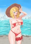  1girl bare_shoulders beach bikini blonde_hair blue_sky borrowed_character breasts cleavage covered_nipples draw_this_in_your_style_challenge fang florida-chan_(ryusei_hashida) hand_up hat highres horizon large_breasts medium_hair navel open_mouth original red_bikini sky smile solo straw_hat swimsuit treepxiv upside-down_bikini_top v water 