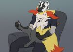  2023 ambiguous_gender anthro badger biped black_body braixen clothed clothing duo foot_fetish foot_play generation_6_pokemon hi_res inner_ear_fluff male mammal mustelid musteline nintendo on_lap open_mouth pawpads pokemon pokemon_(species) sealer4258 sitting sitting_on_lap tuft white_body yellow_body 