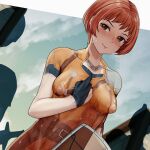  1girl 3others absurdres blush bodypaint breasts brown_eyes closed_mouth collarbone crying crying_with_eyes_open day dutch_angle fire_emblem fire_emblem:_three_houses highres leonie_pinelli looking_at_viewer medium_breasts multiple_others naked_paint nervous_smile nipples nude outdoors paint painted_clothes public_indecency public_nudity r-man raised_eyebrow red_hair shield short_hair silhouette smile solo_focus stomach sweat tears wavy_mouth 