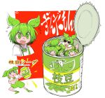  6+girls boots brooch can chibi chibi_inset clone cup drinking drinking_straw edamame_(food) fang green_eyes green_footwear green_hair hand_up highres holding holding_cup jean_bomjan jewelry multiple_girls open_can open_mouth pointing rainbow_text shirt soda_can sunglasses surprised thumbs_up translated voiceroid voicevox white_shirt zundamon 
