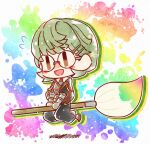  black_pants blush broom broom_riding chibi fire_emblem fire_emblem:_three_houses glasses green_hair hair_ornament hairclip highres ignatz_victor open_mouth paint_splatter paintbrush pants solo yurioarp 