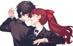  1boy 1girl absurdres blush closed_eyes couple dancing face-to-face facing_another hair_ribbon highres holding_hands long_hair long_sleeves open_mouth parted_lips persona persona_5 persona_5_the_royal ponytail red_hair ribbon smile teeth tsubsa_syaoin upper_body upper_teeth_only yoshizawa_kasumi 