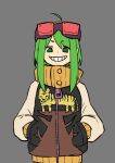  1girl ahoge alternate_design commentary_request goggles goggles_on_head green_eyes green_hair grey_background grin gumi hands_in_pockets jacket long_sleeves looking_at_viewer no_pupils red-tinted_eyewear short_eyebrows short_hair_with_long_locks simple_background smile solo sukajan tinted_eyewear v-shaped_eyebrows vocaloid ym_yoshiya zipper zipper_pull_tab 