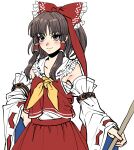  1girl absurdres armpit_peek ascot bare_shoulders blush bow breasts brown_eyes cowboy_shot detached_sleeves frills gohei hair_bow hair_tubes hakurei_reimu highres holding holding_stick kuya_(hey36253625) long_hair looking_ahead medium_breasts red_bow ribbon-trimmed_sleeves ribbon_trim sarashi simple_background sketch smile solo stick touhou unfinished white_background 