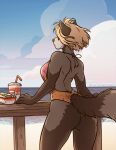  ailurid anthro beach blonde_hair breasts canid canine clothed clothing female food fox fur grey_body grey_fur hair hi_res hot_dog hybrid lu_(thetiedtigress) mammal rear_view red_panda seaside solo swimwear tail thetiedtigress 