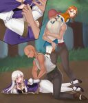  2boys 2girls :d absurdres angry annette_fantine_dominic ass bdsm black_footwear blue_footwear blush bondage bound carrying cloth_gag clothes_pull dress dress_pull fire_emblem fire_emblem:_three_houses forest gag gagged hazuki_(nyorosuke) high_heels highres improvised_gag long_hair long_sleeves looking_back lying lysithea_von_ordelia multiple_boys multiple_girls nature open_mouth outdoors pantyhose pink_eyes purple_dress rope shibari smile tied_up_(nonsexual) white_hair white_pantyhose 