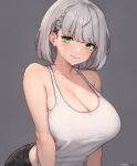  1girl absurdres armpit_crease bare_shoulders black_pants bluefield braid breasts cleavage closed_mouth collarbone green_eyes grey_background grey_hair hair_behind_ear hair_ornament highres hololive large_breasts light_blush looking_at_viewer mole mole_on_breast pants patreon_username shirogane_noel short_hair simple_background smile solo tank_top upper_body virtual_youtuber white_tank_top x_hair_ornament 