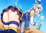  1girl aqua_(konosuba) arched_back arm_support ass blue_eyes blue_footwear blue_hair blue_skirt boots breasts cactus commentary day desert detached_sleeves english_commentary flying_sweatdrops from_behind hair_ornament hair_rings hot kneeling kono_subarashii_sekai_ni_shukufuku_wo! long_hair long_sleeves looking_at_viewer looking_back medium_breasts open_mouth outdoors phallic_symbol pointing see-through shirt skirt sleeveless sleeveless_shirt snegovski solo spoken_flying_sweatdrops steaming_body sweat sweatdrop teeth thigh_boots thighhighs thighs upper_teeth_only 