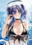  absurdres bikini black_bikini black_choker blue_archive blurry blurry_background blush breasts choker cleavage collarbone daehoak grin head_tilt highres large_breasts long_hair looking_at_viewer multi-strapped_bikini purple_eyes purple_hair see-through smile splashing string_bikini swimsuit upper_body very_long_hair water_drop wet wet_hair yuuka_(blue_archive) 