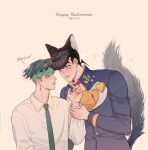  2020 2boys anchor_symbol animal_collar animal_ears blue_eyes blush collar dated diamond_wa_kudakenai earrings gakuran green_eyes green_hair green_necktie happy_halloween headband higashikata_josuke highres holding_another&#039;s_wrist jewelry jojo_no_kimyou_na_bouken kishibe_rohan long_sleeves male_focus multiple_boys necktie open_mouth peace_symbol polina29297783 pompadour school_uniform shirt sparkle tail white_shirt wolf_ears wolf_tail yaoi 