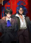  2boys alger_wilson arm_around_shoulder arm_behind_back ascot black_choker black_pants black_suit blue_ascot blue_eyes blue_hair choker coat crossed_legs doufujintianxianle facial_hair hair_between_eyes indoors klein_moretti long_hair lord_of_the_mysteries multiple_boys open_clothes open_coat pants shirt short_hair sitting stubble suit white_shirt 