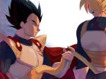  2boys armor back black_hair blonde_hair blue_bodysuit bodysuit cape chest_armor closed_mouth dragon_ball dragon_ball_z large_pectorals looking_at_another male_focus monkey_tail multiple_boys muscular muscular_male pectorals red_cape saiyan_armor scharlachrotn scouter short_hair son_goku spiked_hair super_saiyan super_saiyan_1 tail vegeta yaoi 