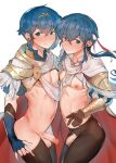  2boys absurdres blue_eyes blue_hair byefrog fire_emblem fire_emblem:_genealogy_of_the_holy_war fire_emblem:_shadow_dragon fire_emblem_heroes highres marth_(fire_emblem) midriff multiple_boys navel nipples penis seliph_(fire_emblem) seliph_(respledent)_(fire_emblem) small_penis testicles upper_body yaoi 