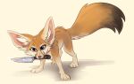  ambiguous_gender big_ears canid canine claws fennec feral fox hi_res knife knife_in_mouth looking_at_viewer mammal object_in_mouth paws solo standing teeth waywardmutt 